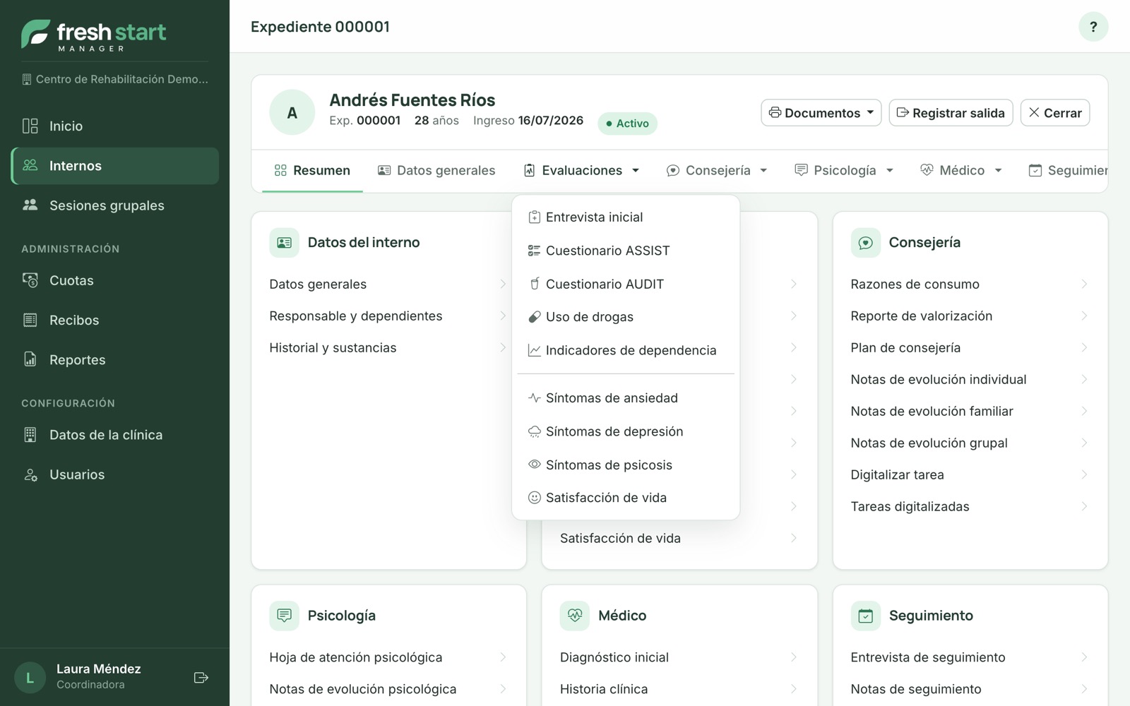 Expediente de un interno en Fresh Start Manager con el menú de evaluaciones abierto